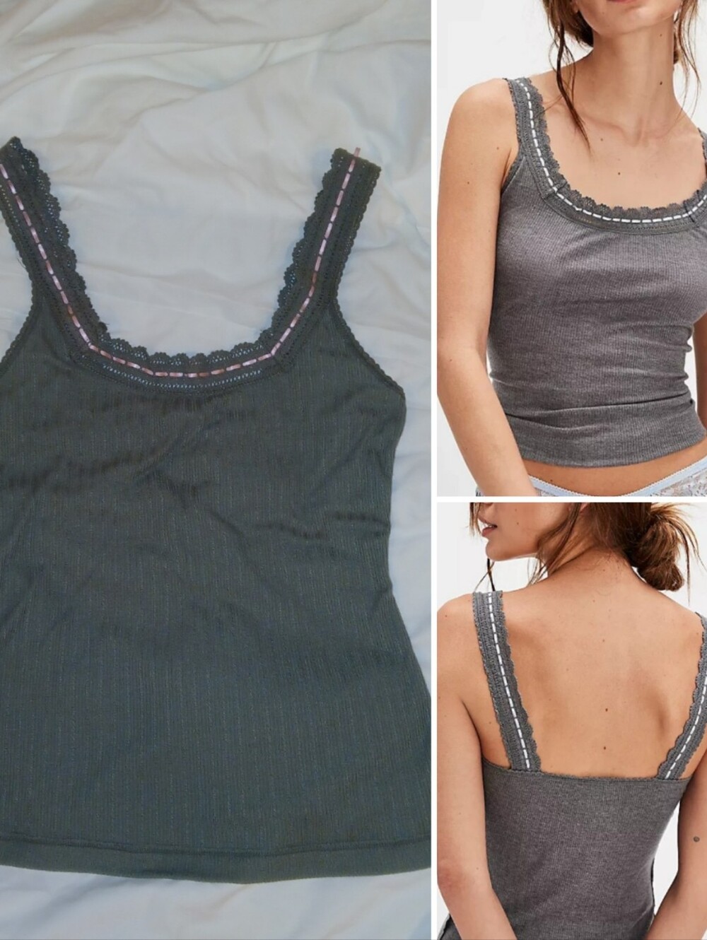 NWOT Free People Only You Ribbon Detail Ribbed Cami, Sage Green / Pink